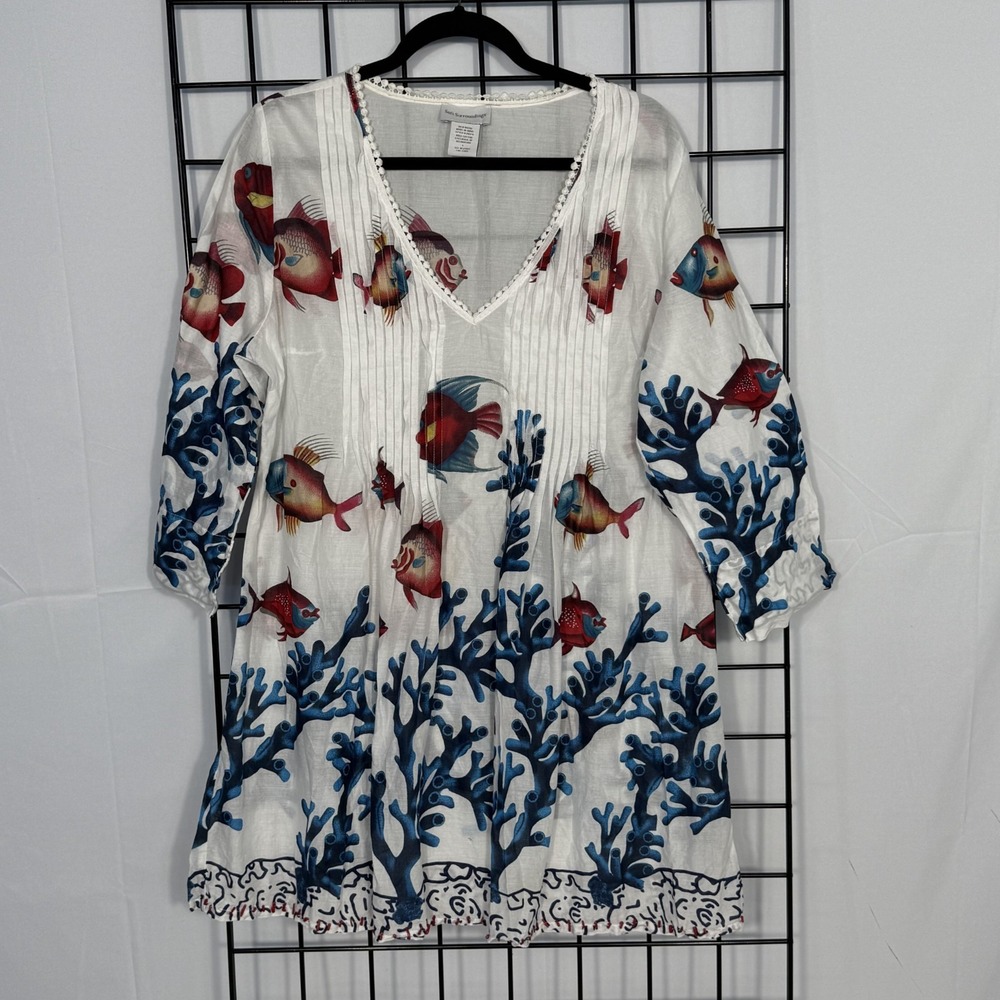 Soft Surroundings Seychelles Tunic Dress Swim Coverup Womens Large Blue Beaded
